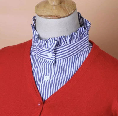 TLM Edit Detachable Blue & White Stripe Ruffle High Neck Mock Collar with red jumper