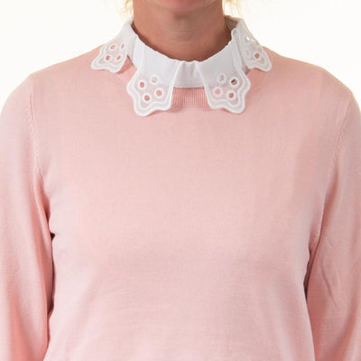 Model wearing Detachable White Crochet Scallop Detail Faux Collar TLM Edit with dusty pink jumper