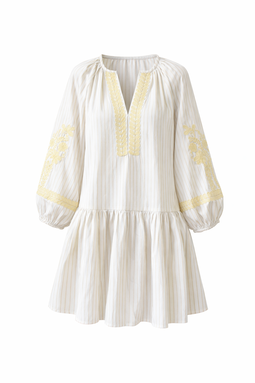 Beige Drop Waist Embroidered Stripe Holiday Dress