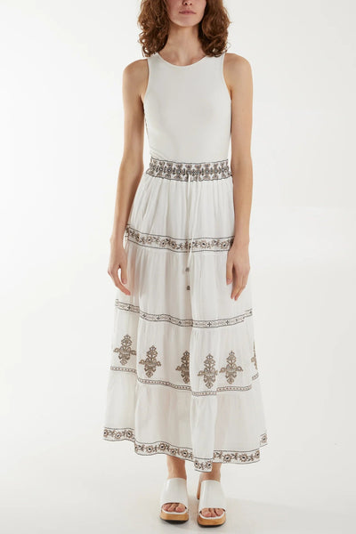 Embroidered White Tiered Maxi Skirt Skirt TLM Edit 