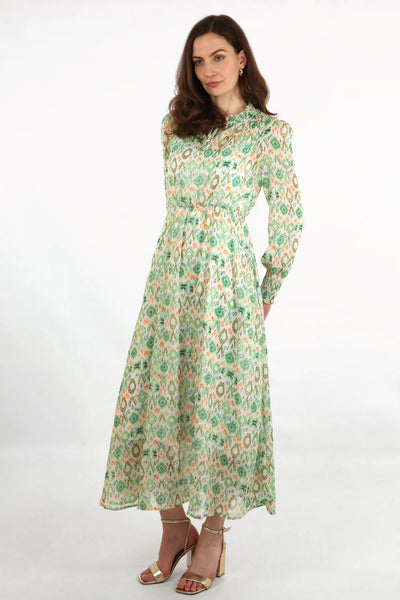 Green Ikat Shirred Shoulder Midi Dress Dress TLM Edit 