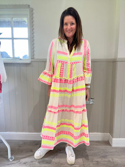 Longer Length Pink & Yellow Neon Aztec Dress Kimono TLM Edit 