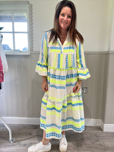 Longer Length Yellow & Blue Neon Aztec Dress Kimono TLM Edit 