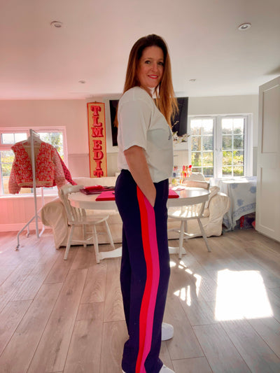 Navy & Hot Pink Side Stripe Silky Wide Leg Trousers Trousers TLM Edit 