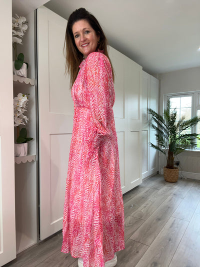 Pink Chevron Shirred Shoulder Midi Dress Dress TLM Edit 
