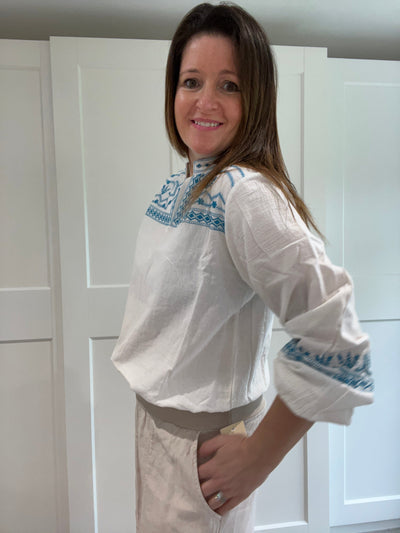 Turquoise Embroidered White Tunic Top TLM Edit 