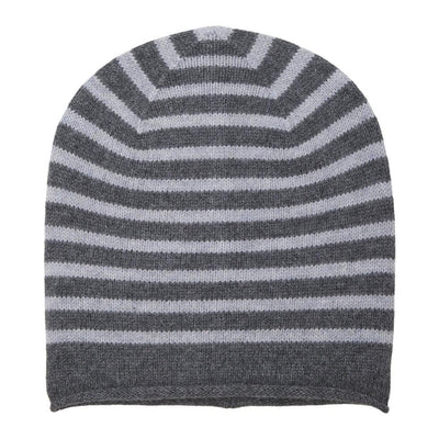 100% Soft Cashmere Breton Striped Beanie Hat - Dark & Light Grey Somerville Scarves 