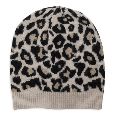 100% Cashmere Leopard Print Hat With Ribbed Finish Somerville Scarves 