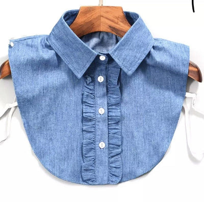 Chambray Blue Denim Detachable Cotton Ruffled Faux Collar