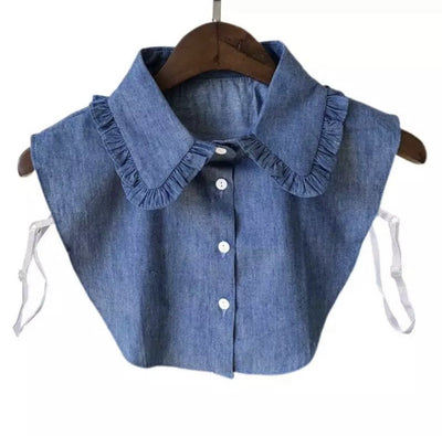 Dark Blue Denim Detachable Frill Edged Faux Collar With Buttons